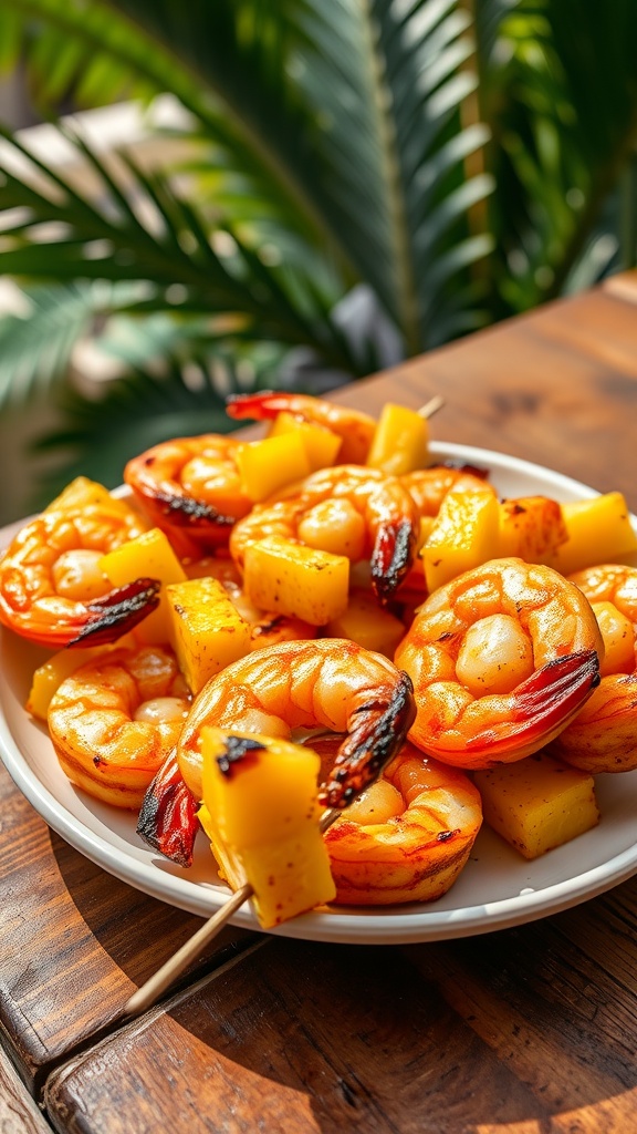 Grilled pineapple and shrimp skewers on a plate, with pineapple chunks and shrimp, set outdoors in a tropical atmosphere.